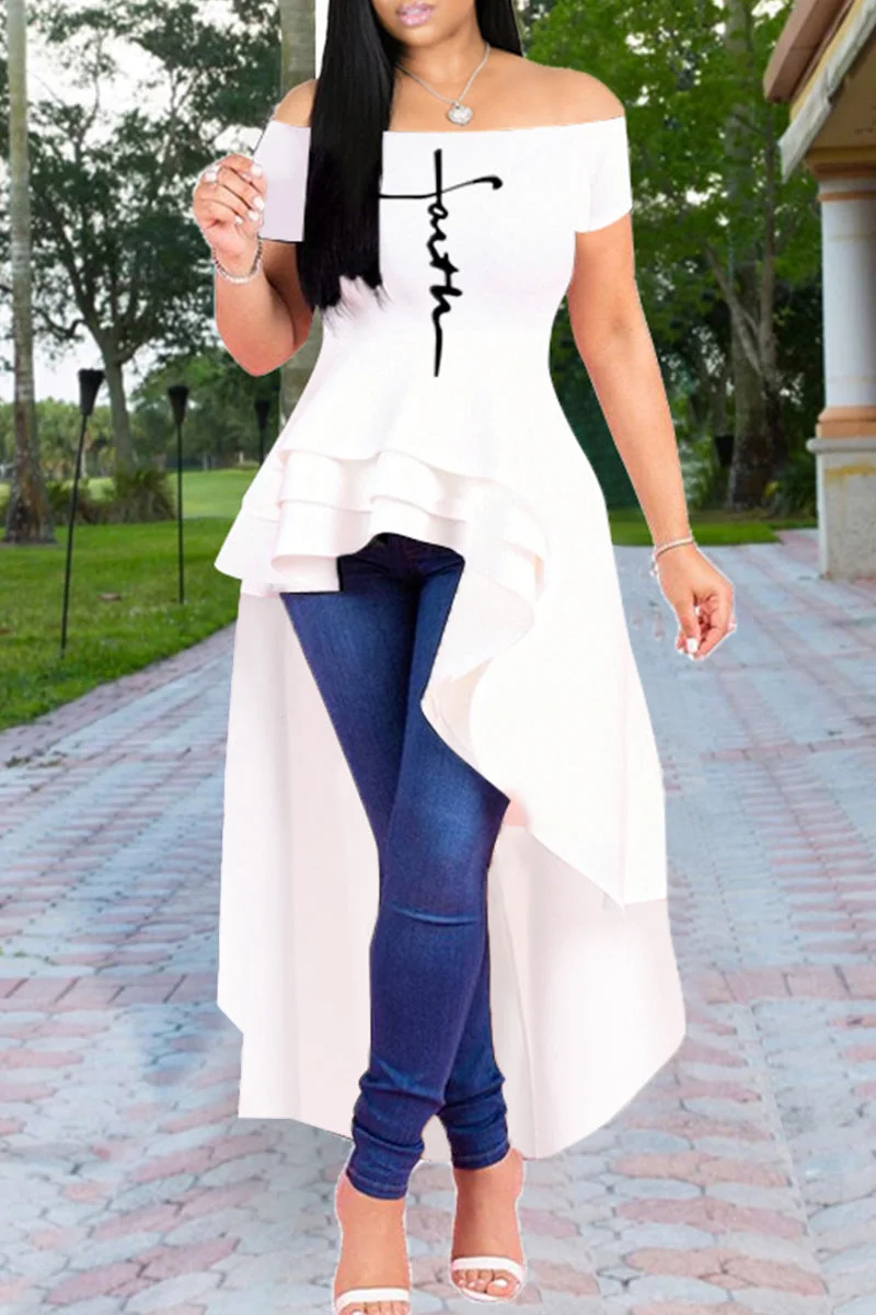 Fashion Casual Print Off the Shoulder Short Sleeve Irregular Dress