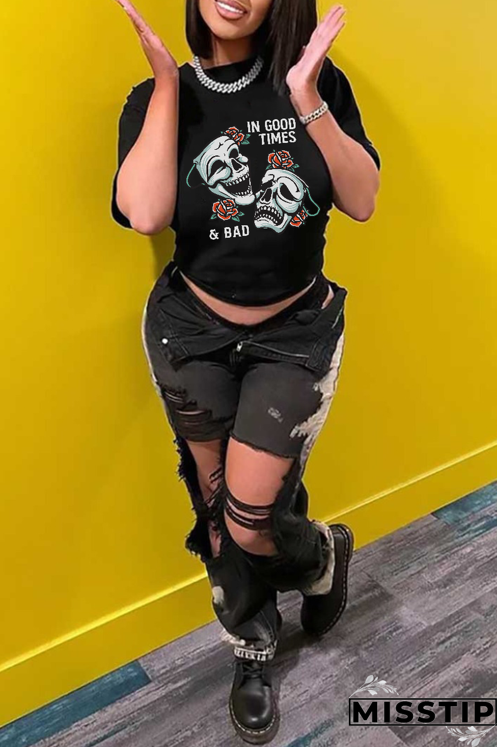 Black Casual Daily Print Patchwork O Neck T-Shirts