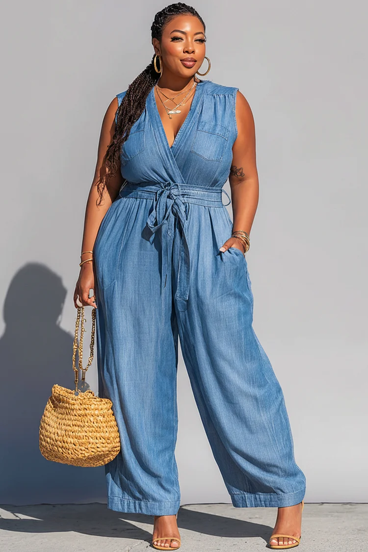 Xpluswear Design Plus Size Vacation Light Blue V Neck Pocket Pull-On Waist Tencel Denim Jumpsuits [Pre-Order] 2024 - Xpluswear