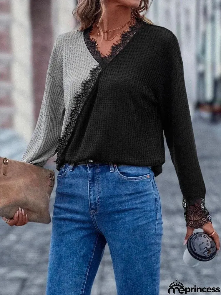 Bohemia Loose Contrast Color Lace-Up V-Neck Sweater Tops