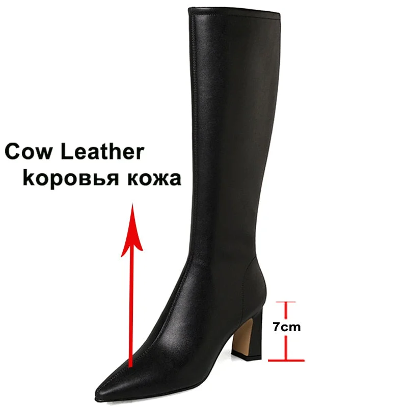 Meotina Women Genuine Leather Boots Thick High Heel Zipper Ladies Shoes Pointed Toe Knee High Boots Autumn Winter Apricot Black