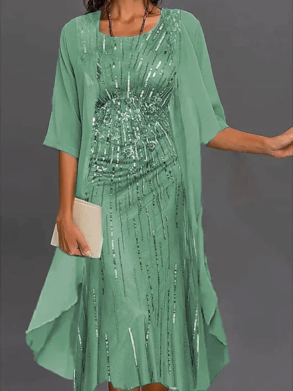 Women plus size clothing [ Green ] Women's Fashionable Casual Printed 3/4 Sleeve Scoop Neck Chiffon Dress Two-Piece Set Midi Dress-Nordswear