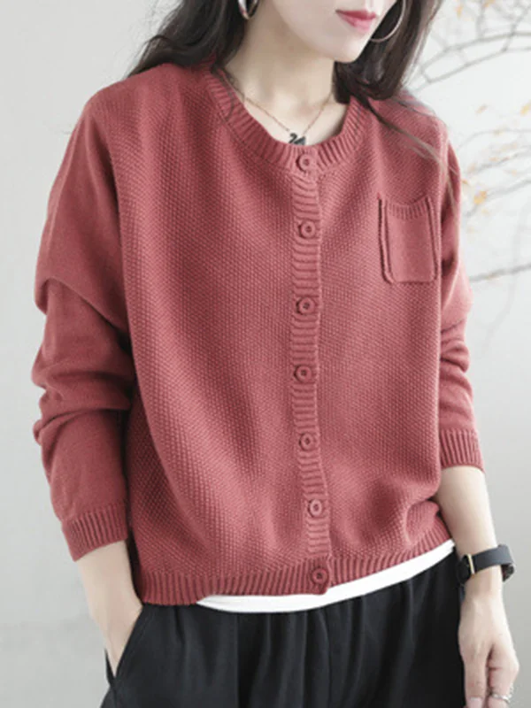 Simple Loose Long Sleeves Buttoned Solid Color Round-Neck Cardigan Tops