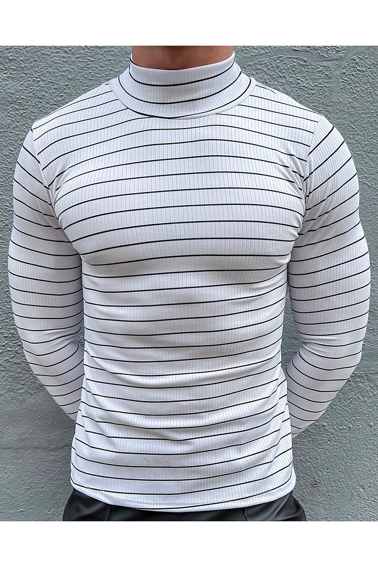 Striped Print Mock Neck Long Sleeve Slim T-shirt [Pre-Order]