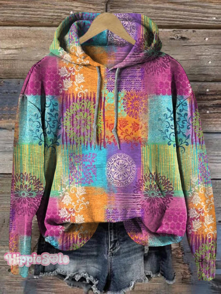 Colorful Plaid Flowers Print Casual Hoodie Sweatshirt Multicolor / S