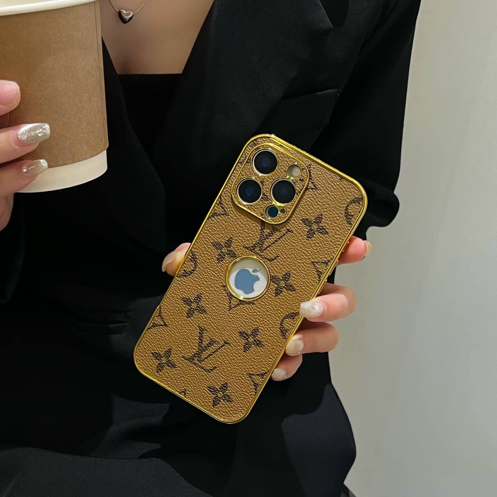 LV Electroplated Leather Monogram Canvas Checkerboard Apple iPhone Case