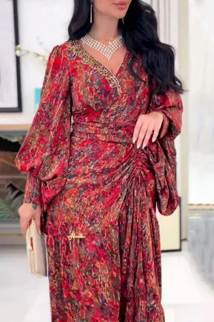 V Neck Ruched Lantern Sleeve Abstract Print Knotted Waist Maxi Dresses