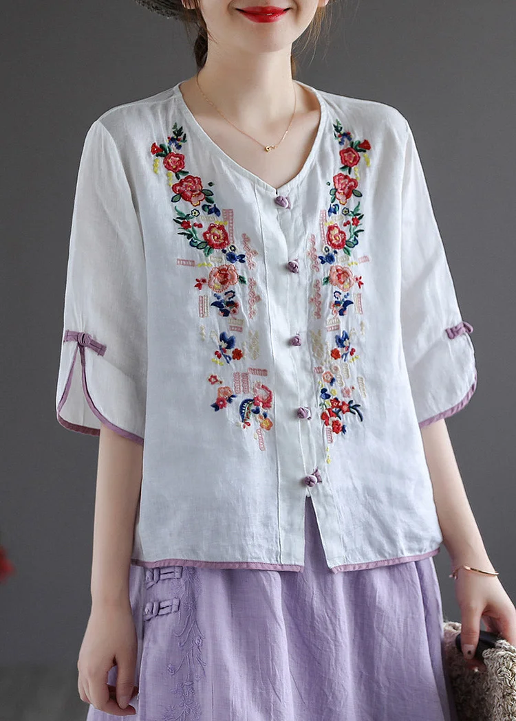 Modern White V Neck Embroideried Floral Button Linen Shirt Half Sleeve