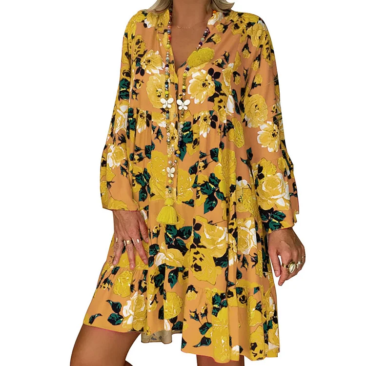 Fashion Print V Neck Long Sleeve Beach Party Ruffle Casual Dress
