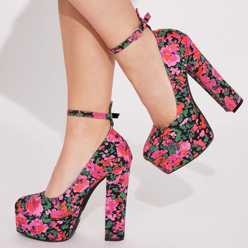 Multicolor Printed Suede Pointed Toe Pumps With Adjustable Ankle Strap Chunky Heel Nicepairs