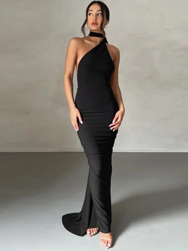 Women's Plain Ruched O-ring Backless Halter Neck Bodycon Dress
