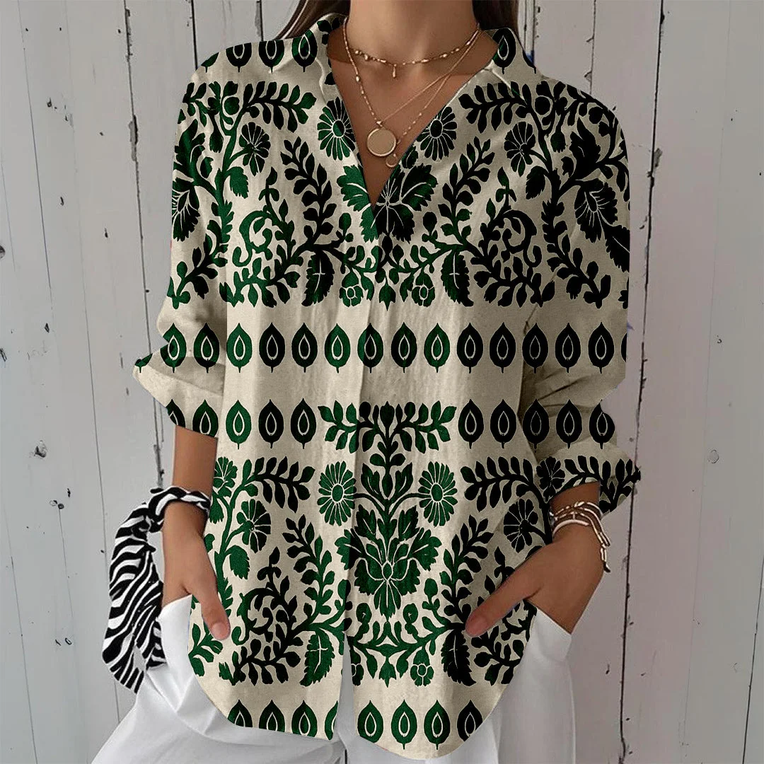 Style & Comfort for Mature Women Women Floral, Green DZCL0208 3/4 Sleeve Shirt Collar Printed Button Tops
