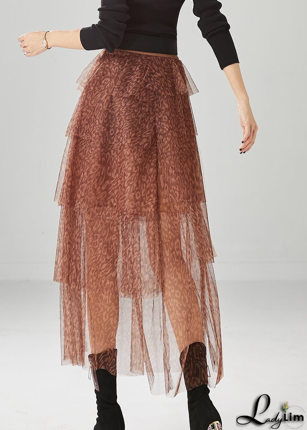 Diy Brick Red Layered Design Print Tulle Skirt Summer