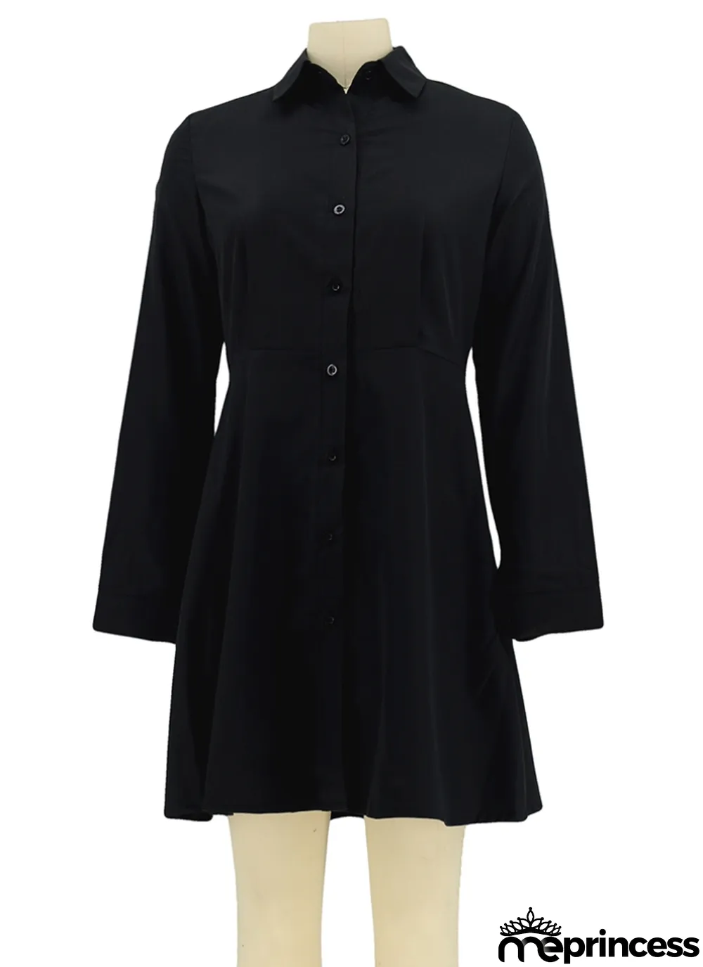 Autumn Black Ruffles Botton-Open Long Sleeve Shirt Dress