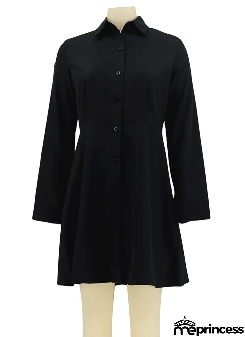 Autumn Black Ruffles Botton-Open Long Sleeve Shirt Dress