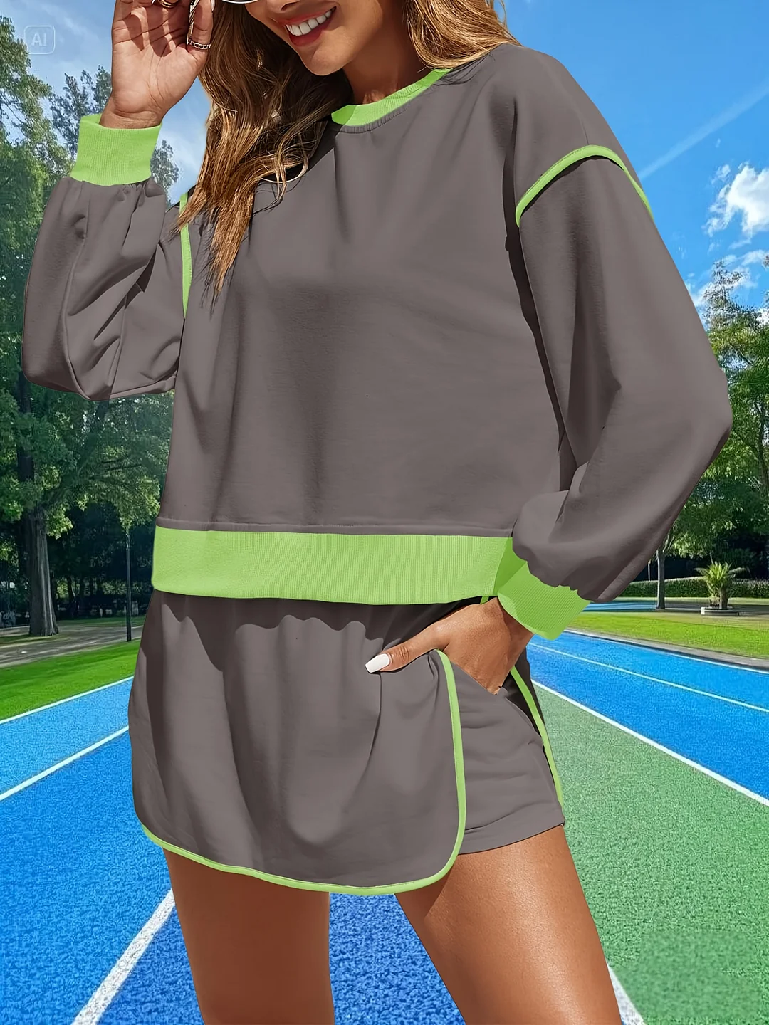 Womens Sweatsuits 2pcs Set Crewneck Sweatshirts High Waisted Skort Skirts Tennis Running Tracksuits Built In Shorts Set | IFYHOME