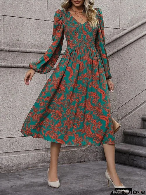 Printed Smocked V-Neck Balloon Sleeve Dress