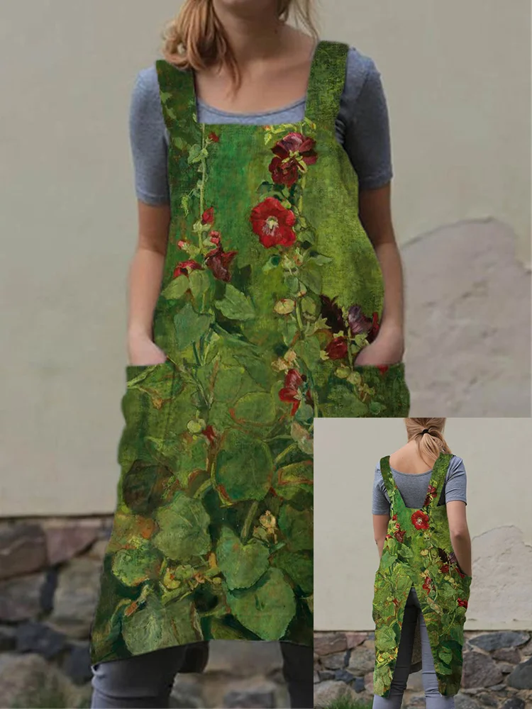 Hollyhocks Art Print Patch Pocket Cross Back Apron