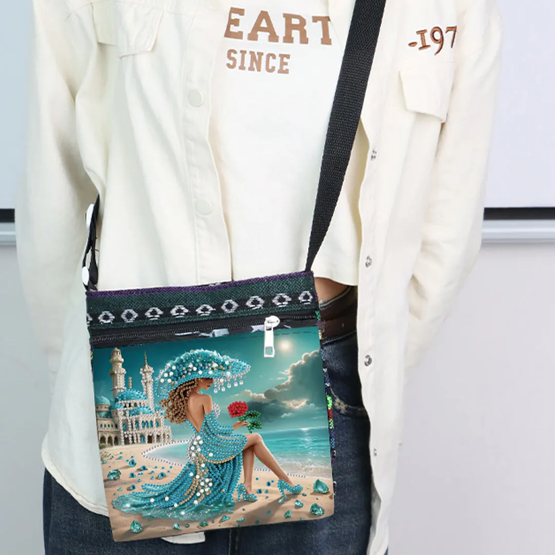 Beach Lady DIY Canvas Diamond Art Painting Crossbody Bag Ethnic Style Crystal Rhinestone Art Handbag with Adjustable Strap for Adults Beginners Shopping Gift