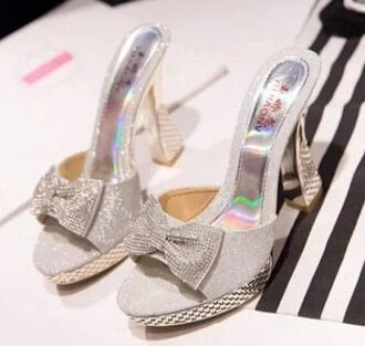 Women Platform High Heels Slippers Bowknot Design Glitter Bling Wedges Sandals Sexy Peep Toe Women Nightclub Party Wedding Shoes