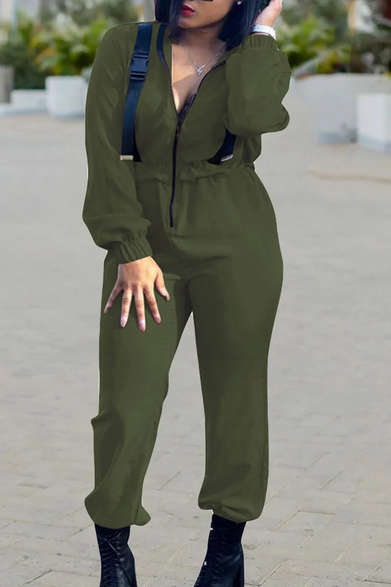Army Green Fashion Polyester Solid Zipper Collar Jumpsuits