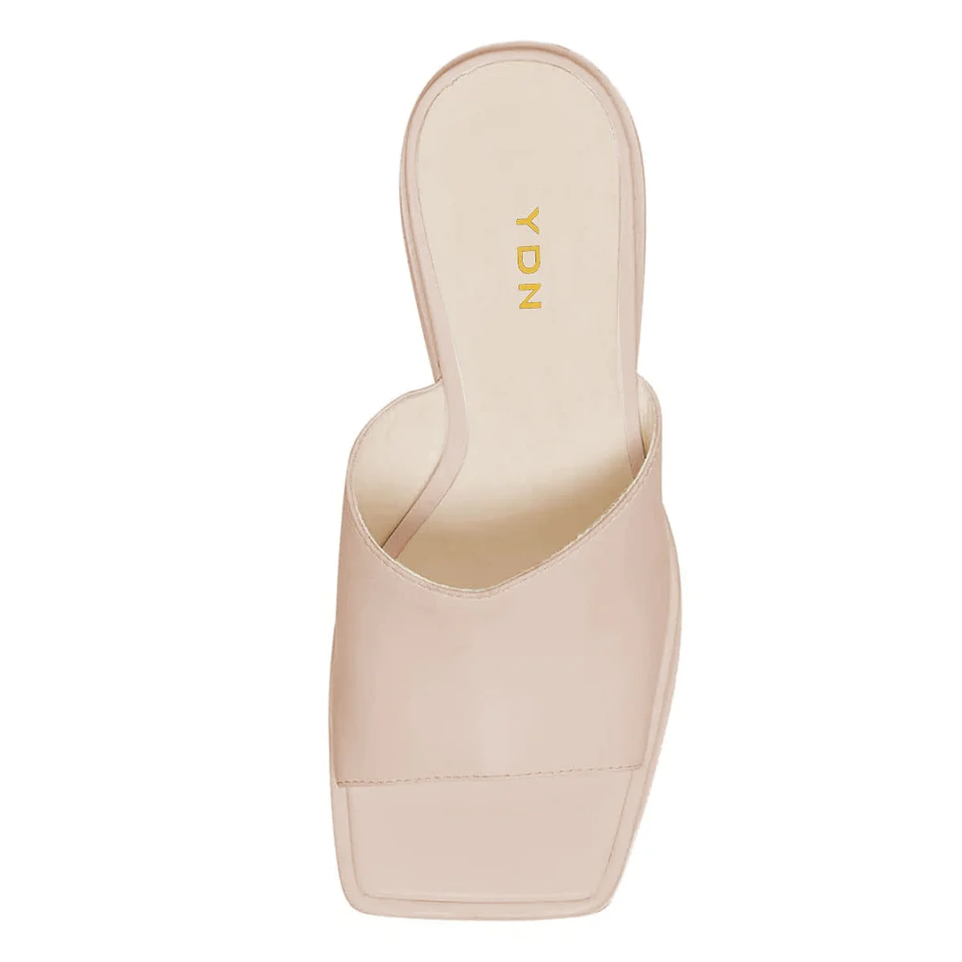Beige Vegan Leather Square Toe Wide Band Block Heel Platform Mules