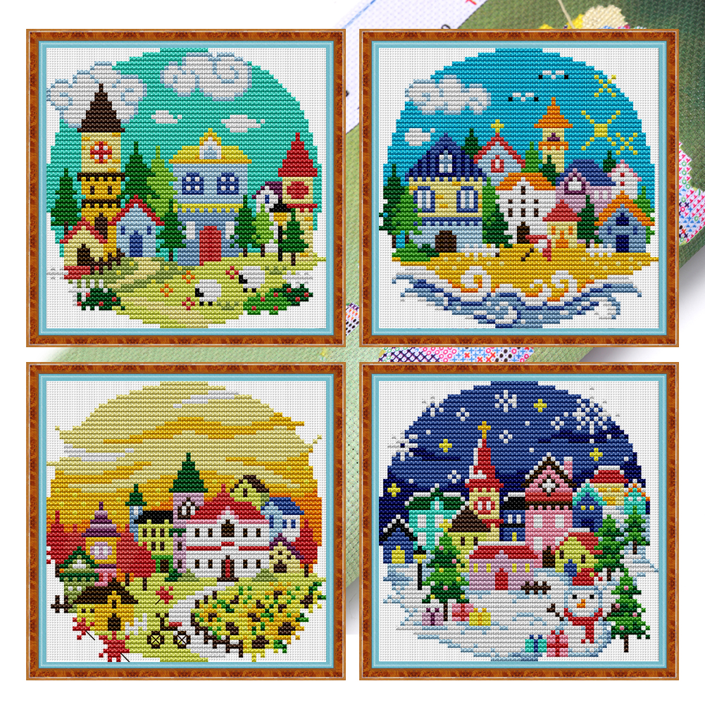 (4pcs)Four Seasons Village Partial 14CT Pre-stamped Canvas(16*16cm) Cross Stitch