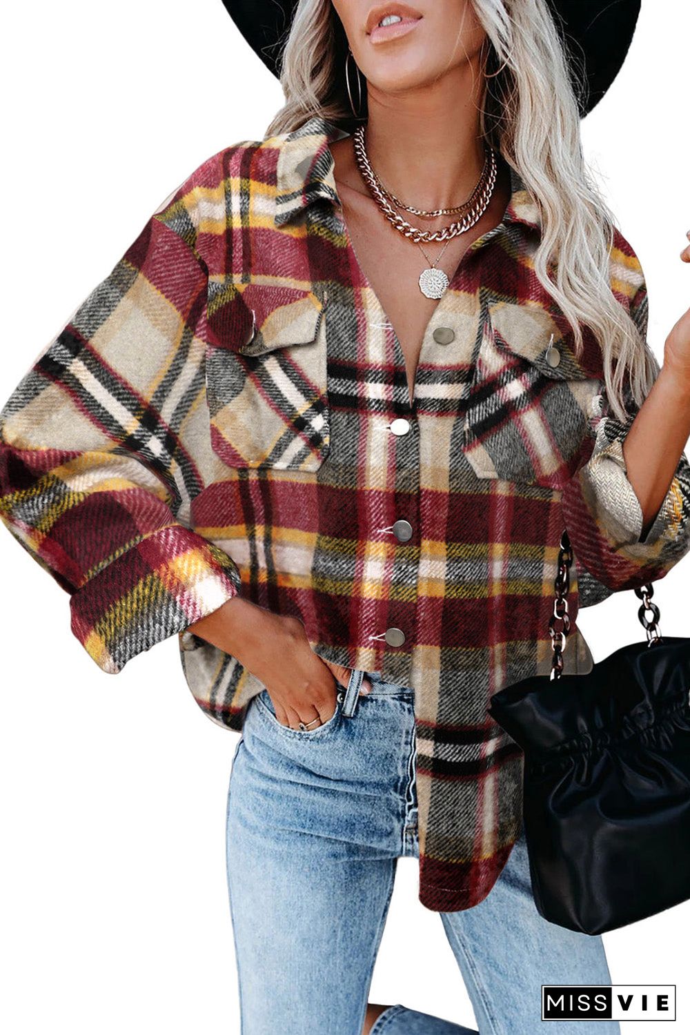 Geometric Plaid Print Pocketed Shirt