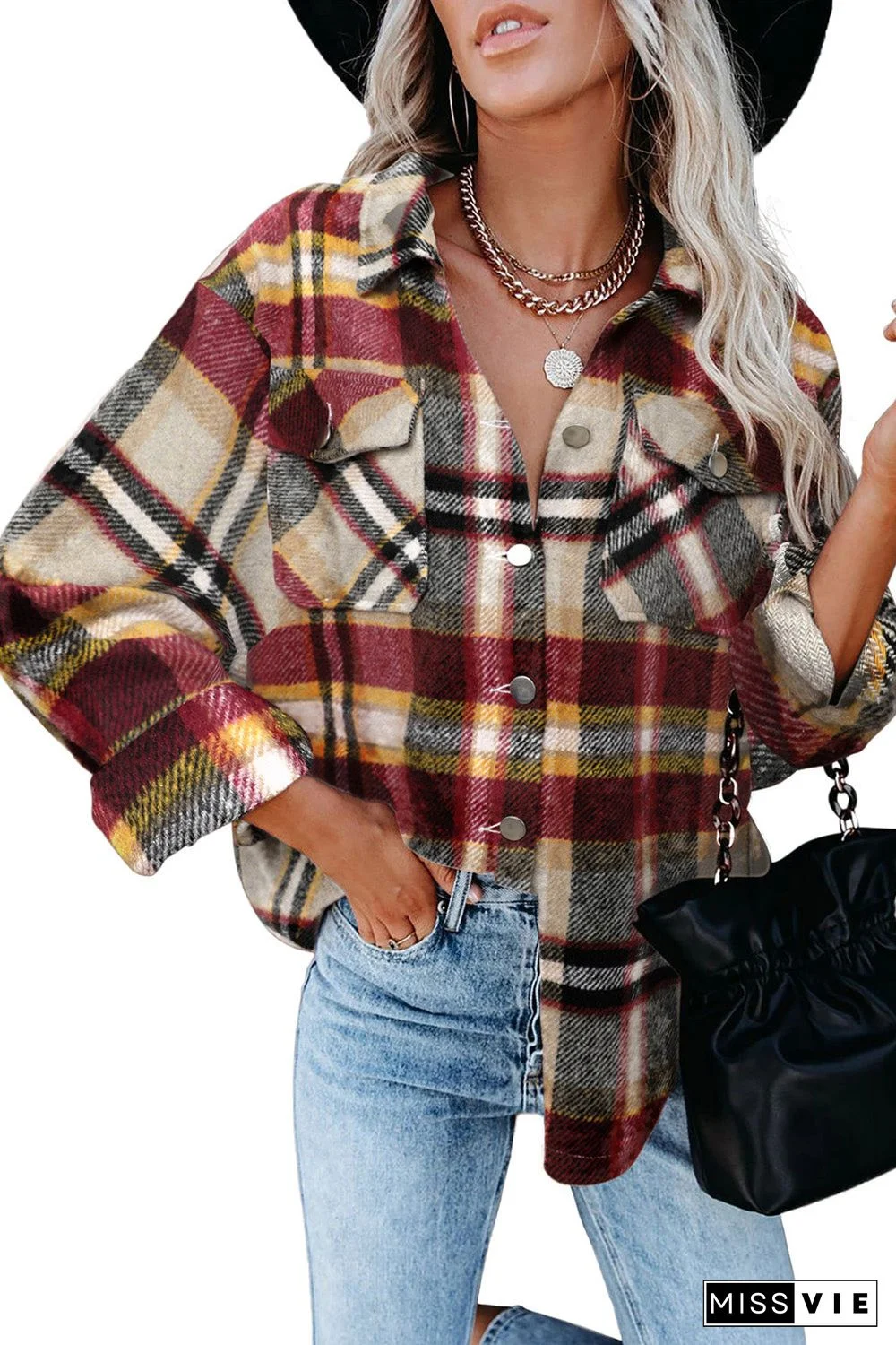 Geometric Plaid Print Pocketed Shirt
