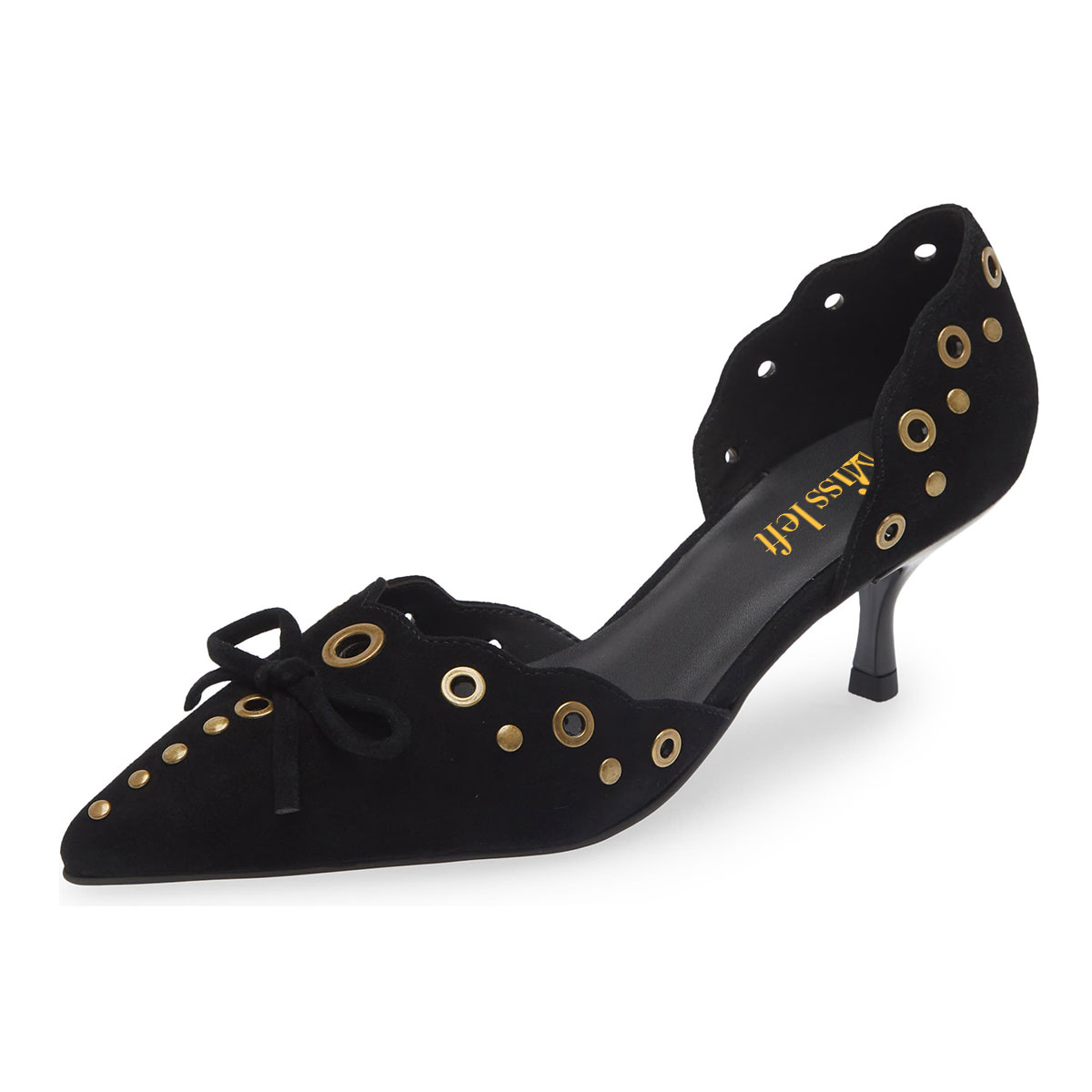Black Pointed Toe Kitten Heel Studded Pumps Shoes with Bow Nicepairs