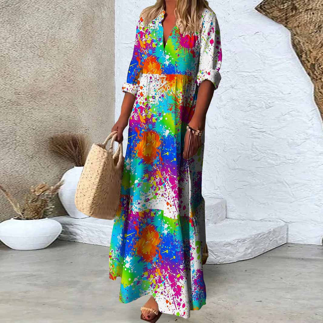 Women Graffiti,Color DZDN0857 SPU Printed Long Sleeve V-neck Maxi Dress