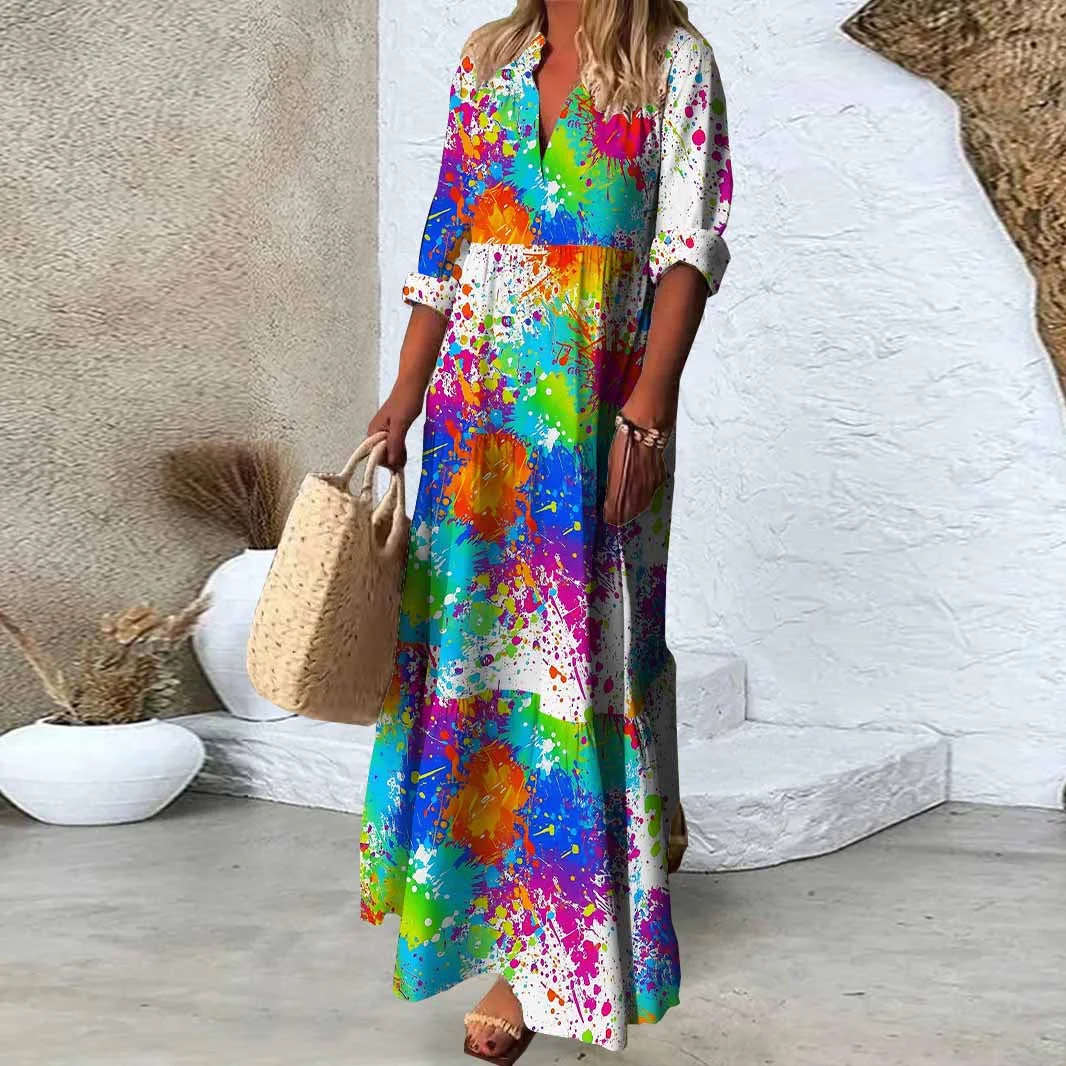 Women Graffiti,Color DZDN0857 SPU Printed Long Sleeve V-neck Maxi Dress