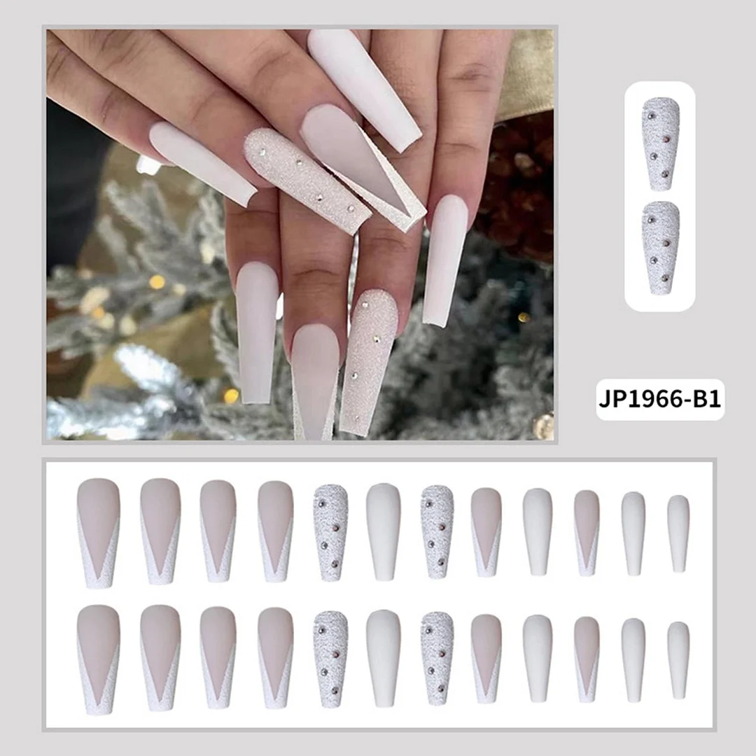 24pcs Fake nails long Frosted V-shaped French wearable false nails Detachable Full Cover with designs Coffin Ballerina Nail