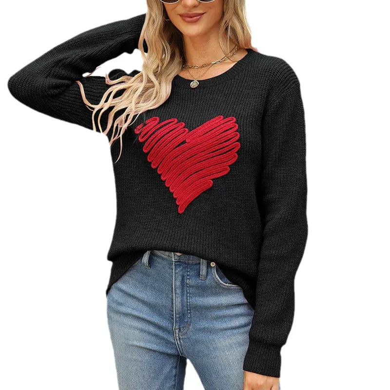 Athvotar Athvotar Autumn And Winter Loose Love Embroidery Round Collar Long-Sleeved Knitted Sweater Woman