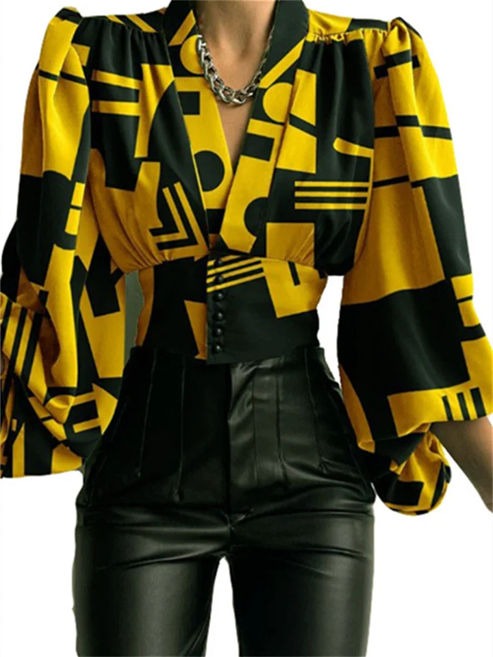 Spring New Solid Color Slim Temperament Long-sleeved Button V Collar Urban Trend Set Head Lantern Sleeve Blouse Shirt