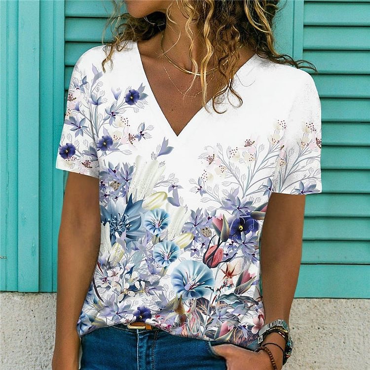 New Floral Print Women's Casual V-Neck Short Sleeve T-Shirt socialshop