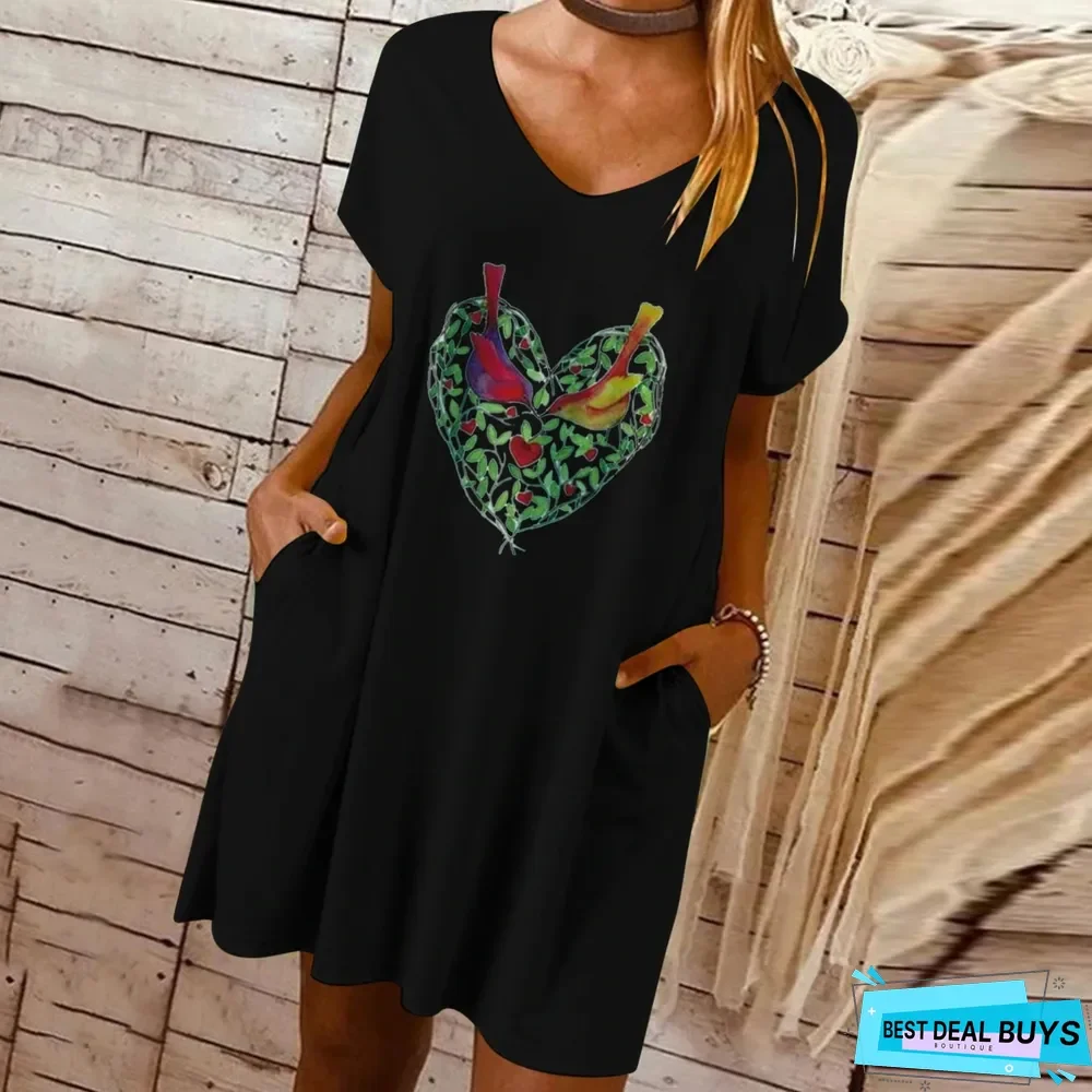 Printed Pocket Loose Dress White Dresses