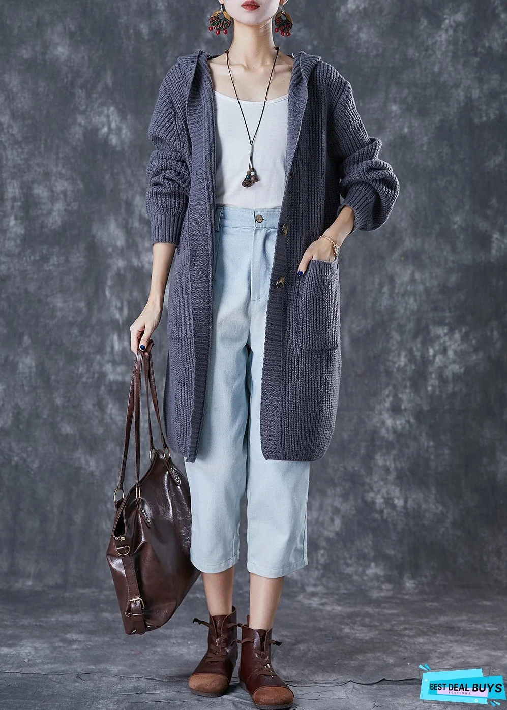 Women Grey Hooded Oversized Knit Cardigan Fall