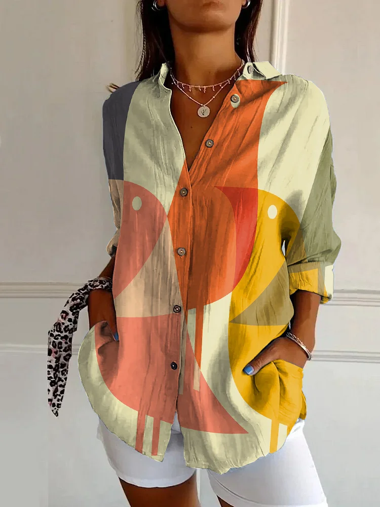 Vintage Bird Art Print Casual Long Sleeve Shirt
