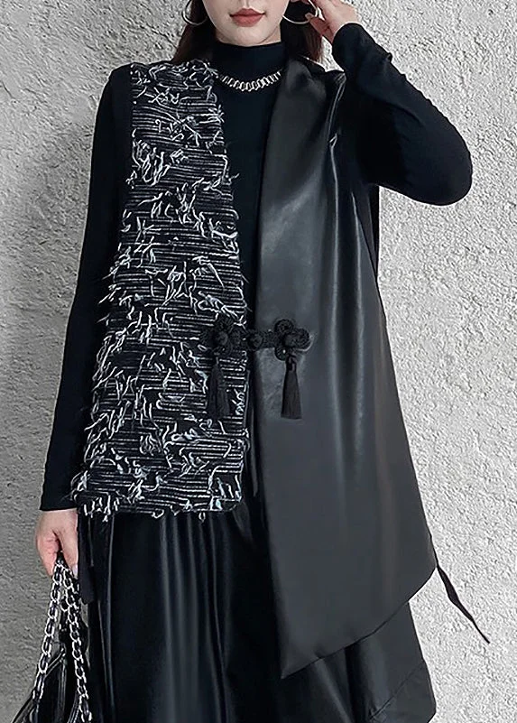 Casual Black Round-Neck Asymmetric Buttoned Quilted Sleeveless Padded Vest TW014 main image 1