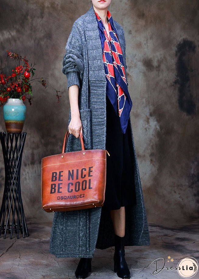 Loose Grey V Neck Woolen knit trench coats Spring