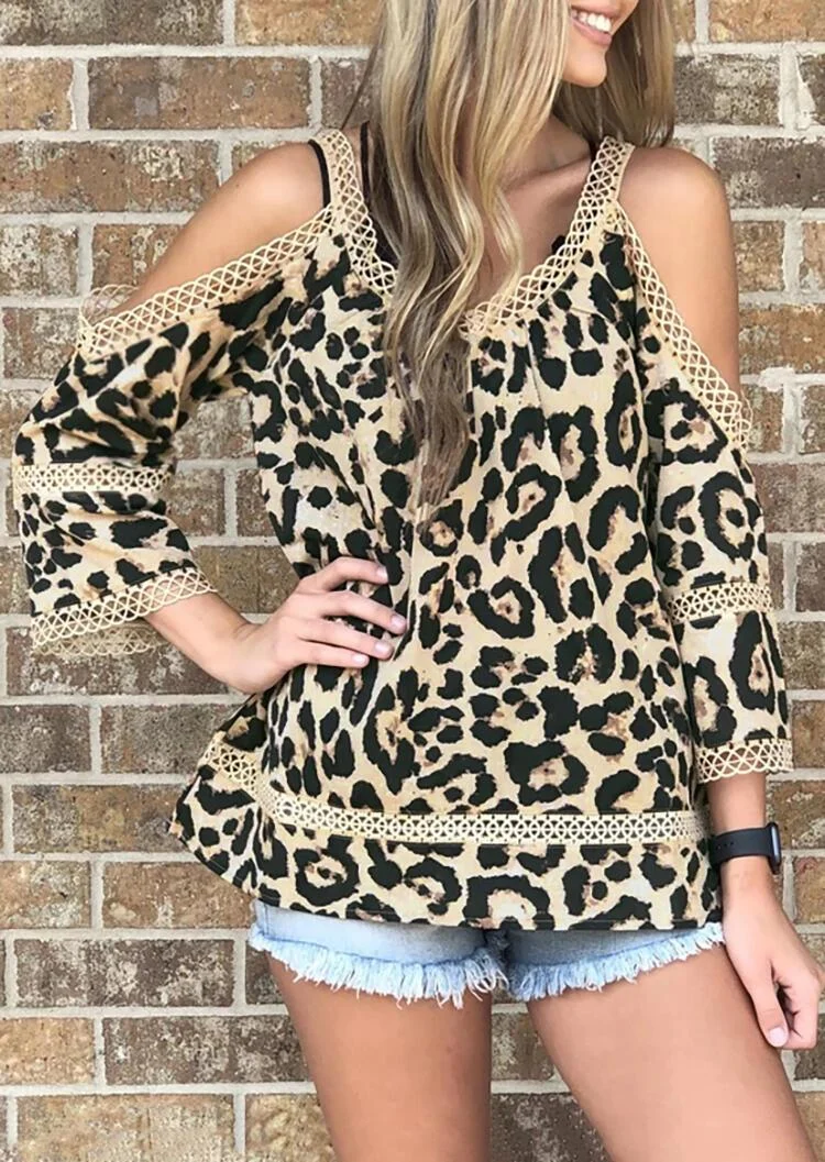 Leopard Printed Lace Splicing Blouse