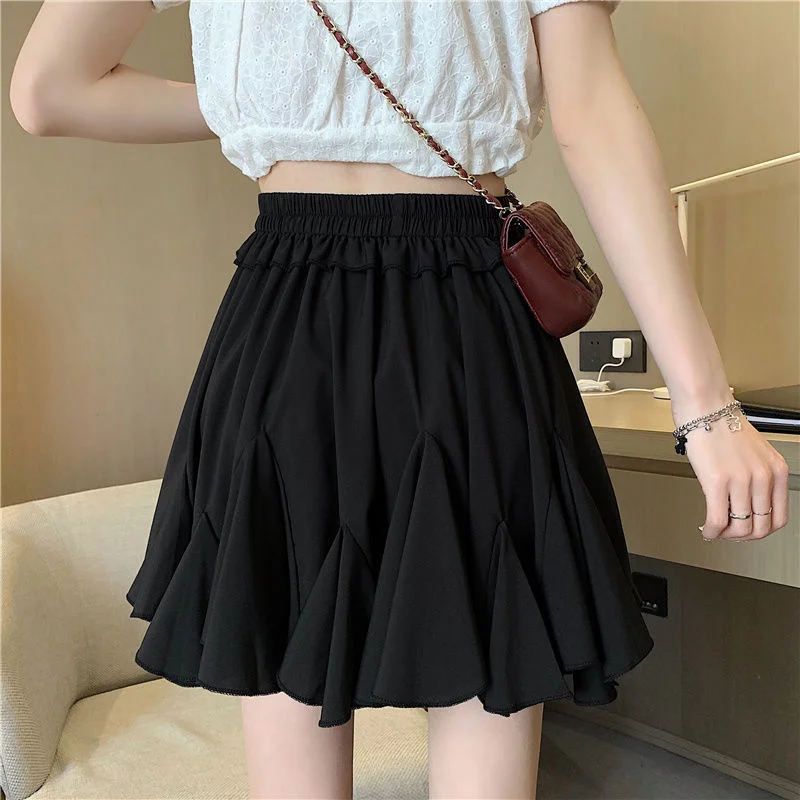 tlbang Women Pleated High Waist Fashion Solid Korean Style All-match Mini Summer Newest Simple Streetwear Holiday Female Leisure