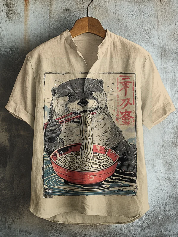 Men's Otter Eating Ramen Art Print V Neck T-Shirt