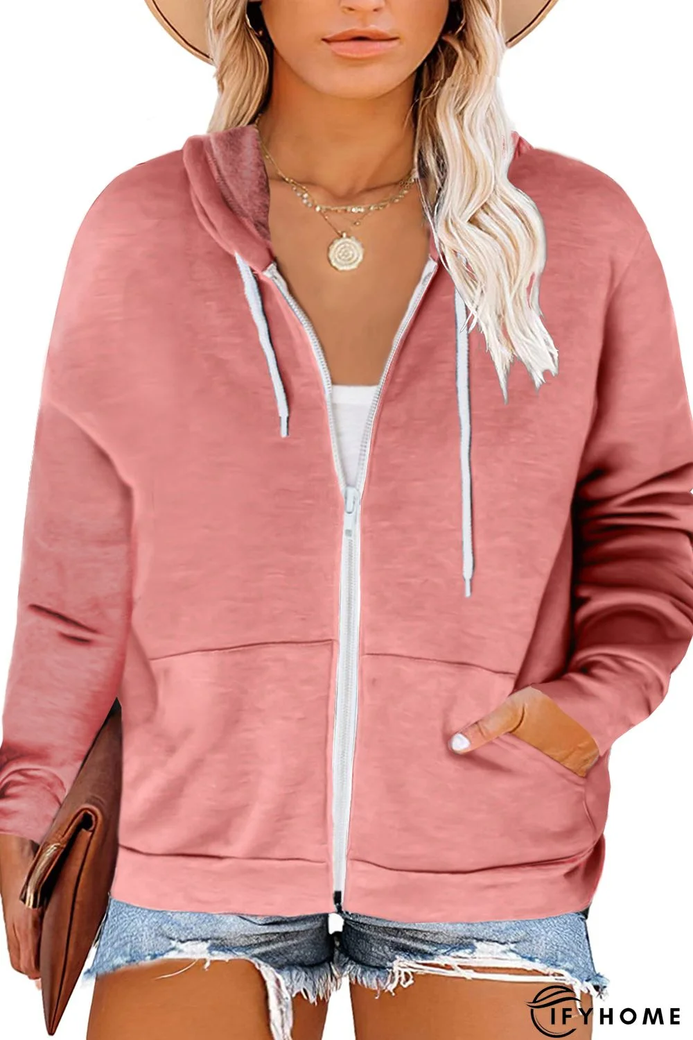 Pink Blue Blue Plus Size Zipper Down Hooded Coat with Pocket | IFYHOME