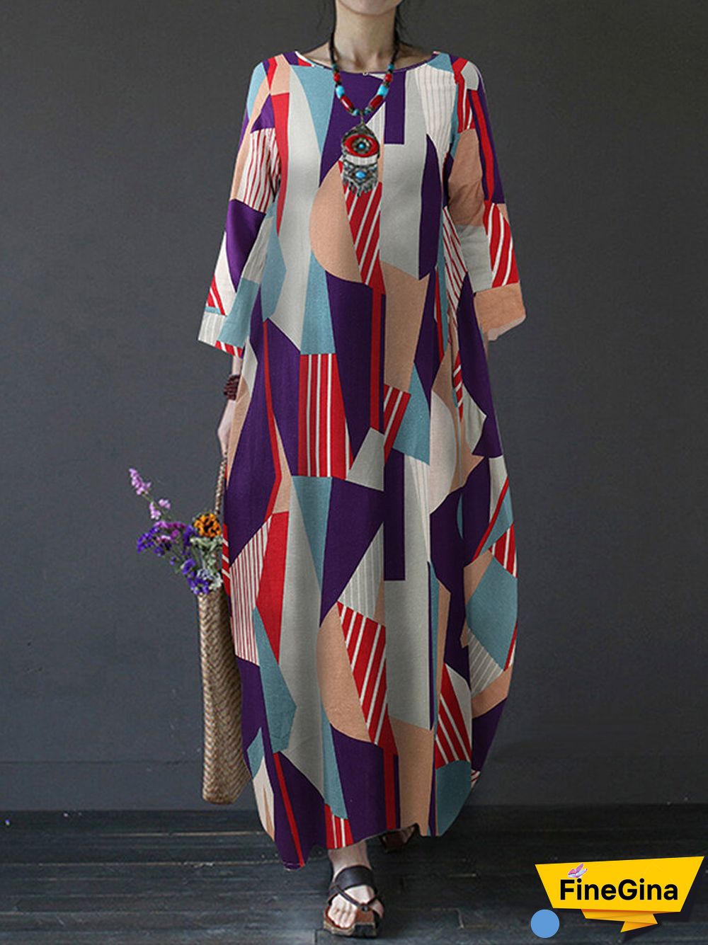 Contrast Color Geometric Print Long Sleeve Vintage Dress for Women