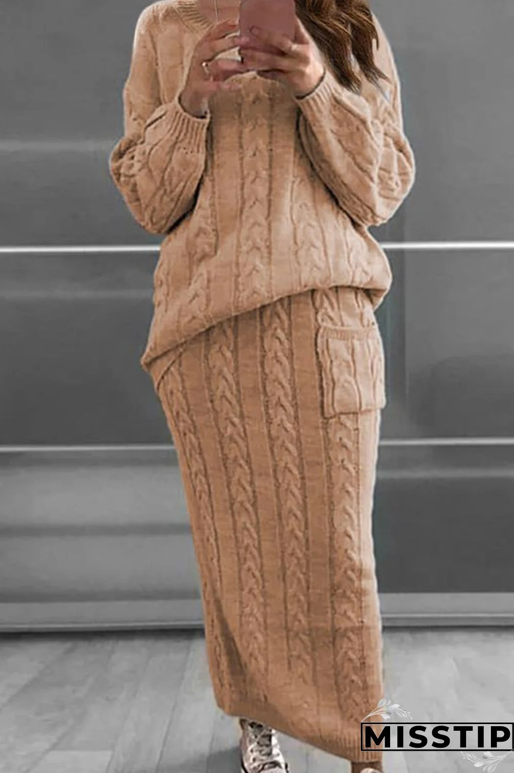 Apricot Fashion Casual Solid Patchwork O Neck Long Sleeve Two Pieces