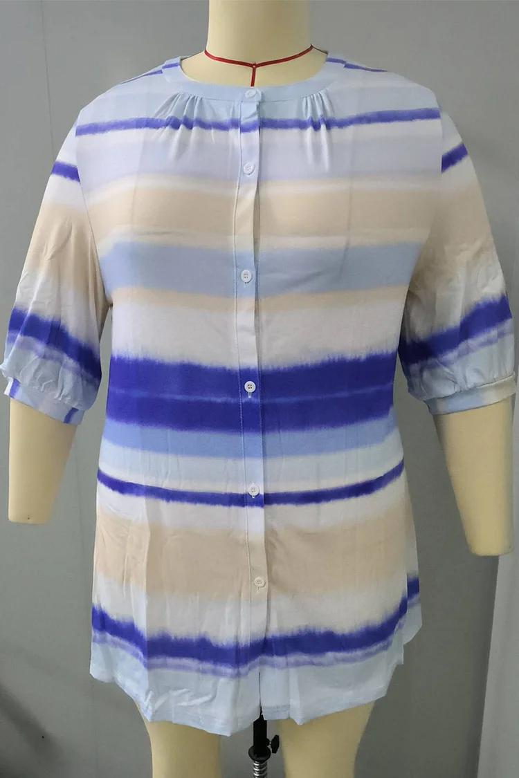Plus Size Tie Dye Three Quarters Sleeve Decorative Button Blouse 2024 - Flycurvy 