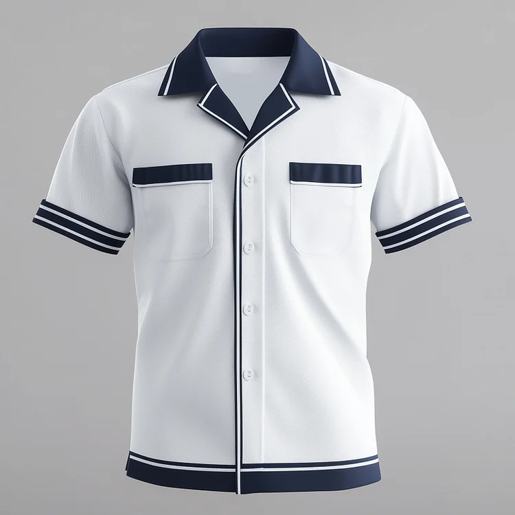 Okaywear Contrast Binding Striped Camp Collar Chest Pocket Shirt 