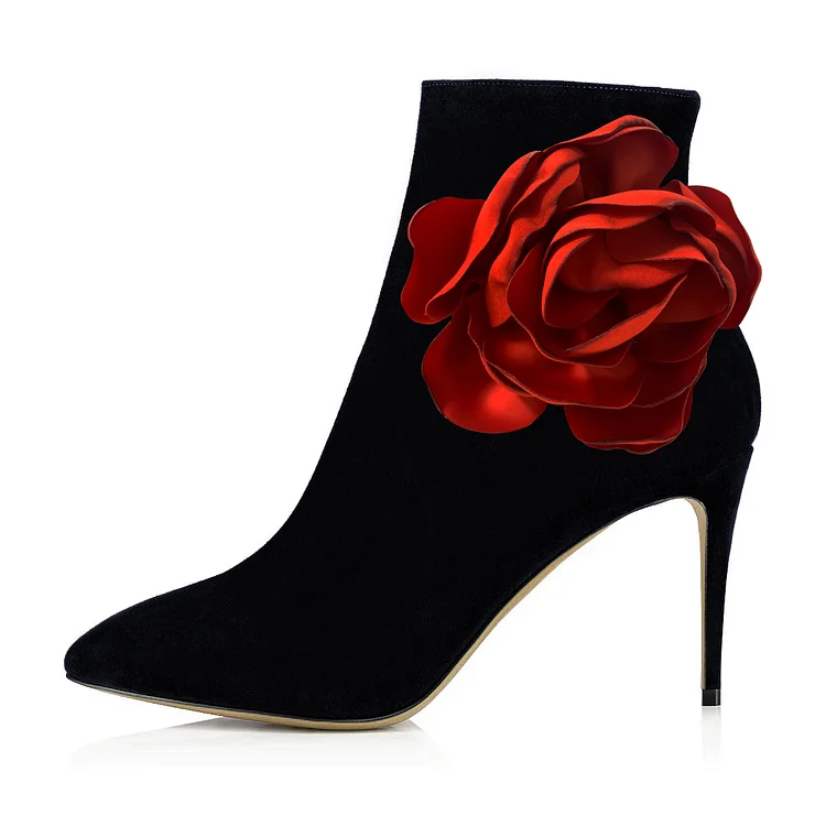 Black Fashion Boots Suede Stiletto Heel Flower Booties |FSJ Shoes
